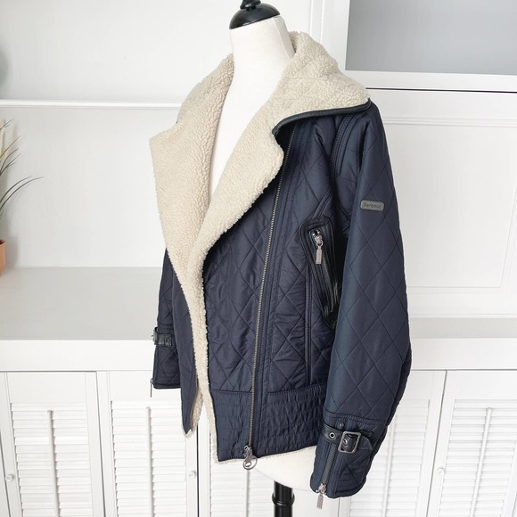 Barbour Navy Blue Quilted Battalion Sherpa Lined Moto Jacket Size M/8 - Picture 3 of 11